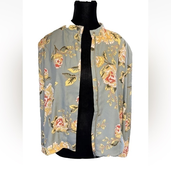 DG2 by Diane Gilman Tops - DG2 Donna Gilman S Zip Blouse Multicolor Gray Floral Long Sleeve Mock Neck Lined